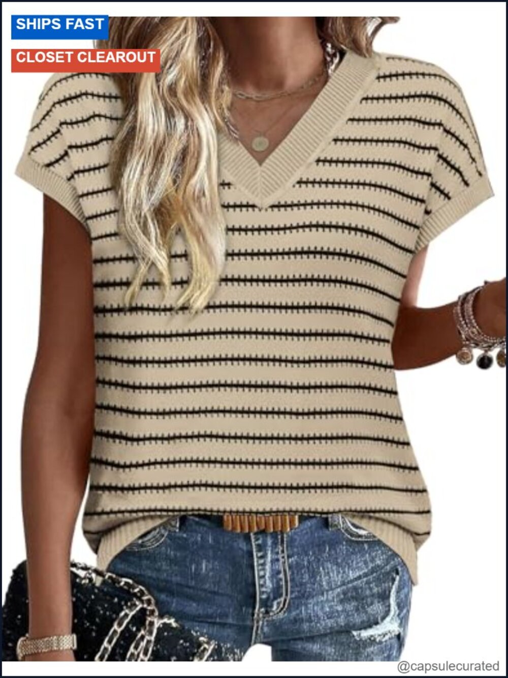 Womens Short Sleeve V Neck Striped Pullover Sweater Lightweight Knit Loose Fit